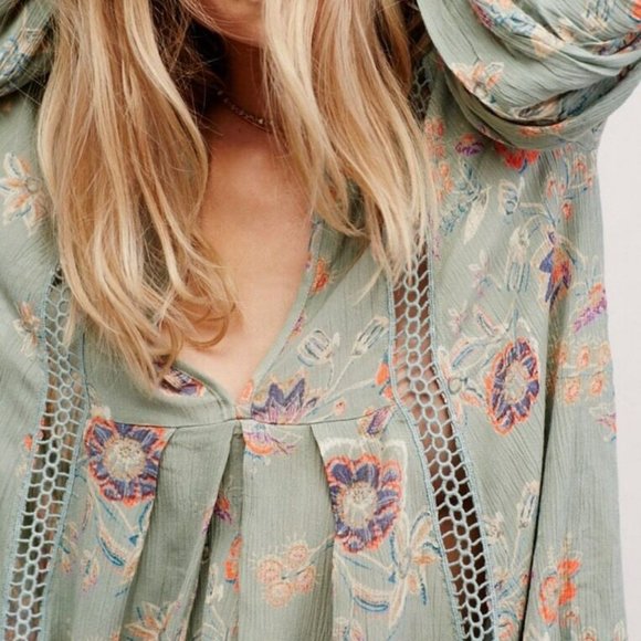 Free People Just The Two Of Us Printed Floral Lace Inset Tunic Dress, S - Picture 12 of 15